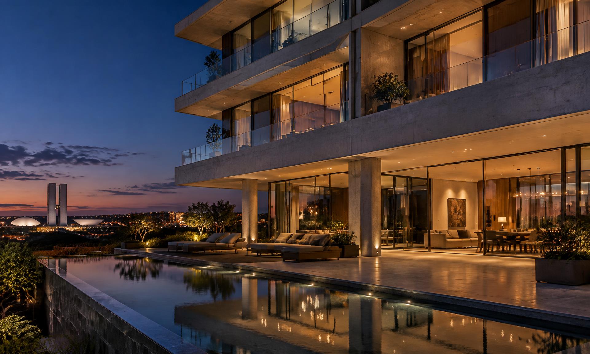 Arquitetura residencial contemporânea ao entardecer